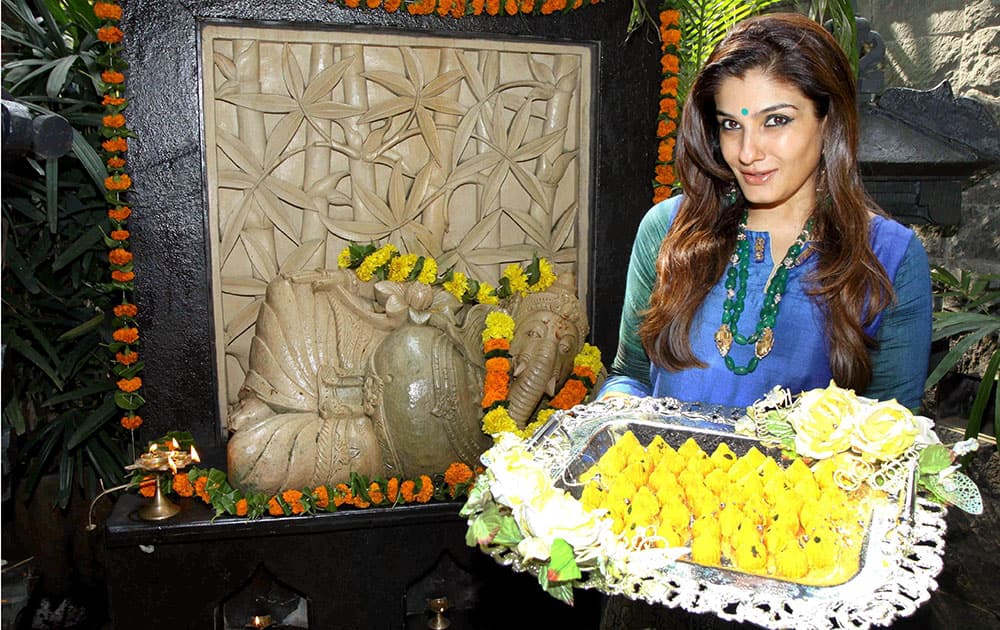 Bollywood actress Raveena Tandon celebrates Ganesh Chaturthi at his residence in Mumbai.