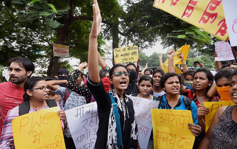 Students of Patna Womens College shout slogans during a protest against college administration over alleged molestation of a girl by a professor.