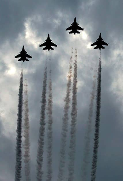  IAF fighter planes during the rehearsal for an impressive flypast by fifty aircrafts to be held on Sunday to mark the Golden Jubilee of 1965 Indo-Pak war at Rajpath lawn in New Delhi.