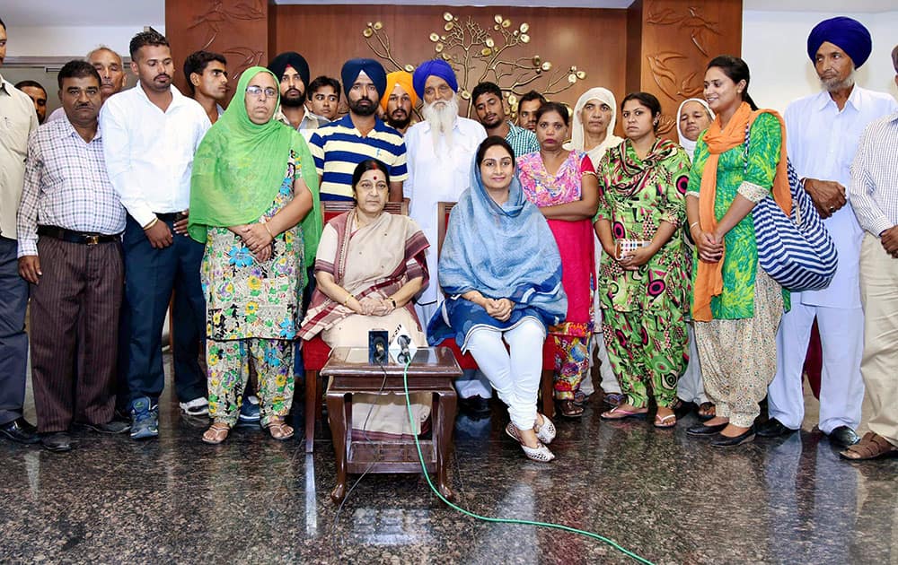 External Affairs Minister Sushma Swaraj at a meeting with the relatives of 39 Indians held captive by Islamic State militants in Iraq for over 15 months and assured them that the government was continuing to make efforts to locate them, in New Delhi.