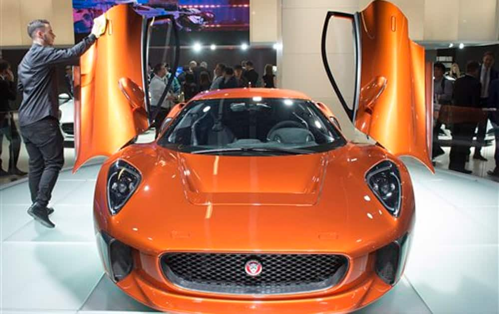 The Jaguar C-X75 from the upcoming 007 movie 'Spectre' is presented on the second press day of the Frankfurt Auto Show IAA in Frankfurt, Germany.