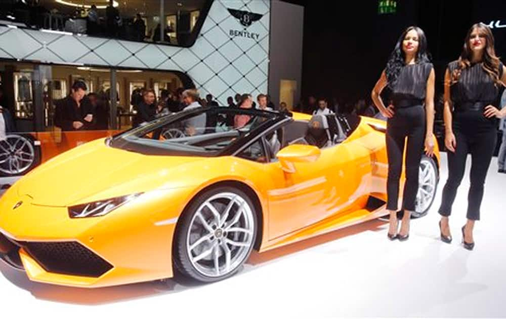 A Bugatti Huracan is presented on the second press day of the Frankfurt Auto Show IAA in Frankfurt, Germany.