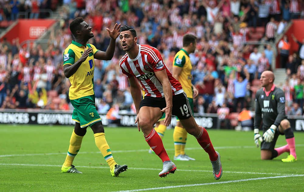 Southampton's Graziano Pelle, centre, celebrates scoring the first goal of the game during the English Premier League match against Norwich City at St Mary's stadium in Southampton.