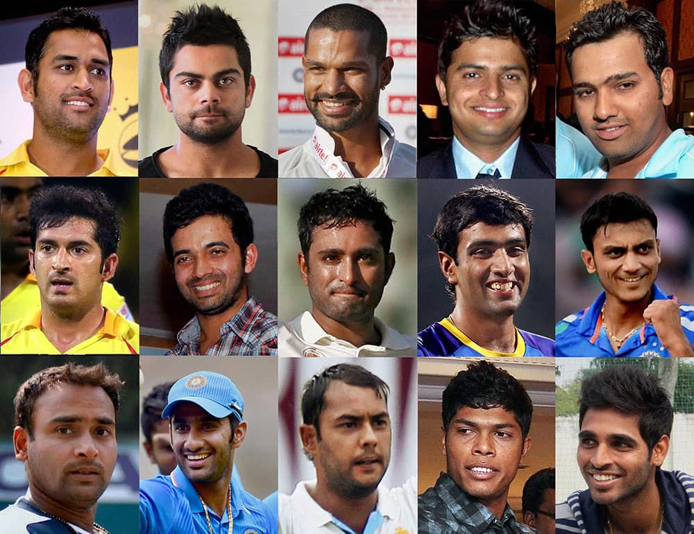 **COMBO** The 15 member Indian Squad-- (from left to right in top row)- Mahendra Singh Dhoni (Captain), Virat Kohli, Shikhar Dhawan, Suresh Raina and Rohit Sharma, Mohit Sharma, Ajinkya Rahane, Ambati Rayudu, R Ashwin and Akshar Patel; Amit Mishra, Gurkeerat Singh, Stuart Binny, Umesh Yadav and Bhuvneshwar Kumar announced for the ODI matches forthe forthcoming South Arica tour in India.
