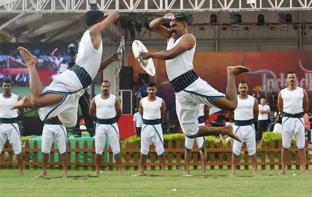 Army Jawan displaying traditional marshal during a function organised as a part of Golden Jubilee celebrations of 1965 War in New Delhi.