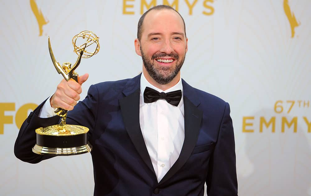 ony Hale poses with award for outstanding supporting actor in a comedy series for “Veep” at the 67th Primetime Emmy Awards.