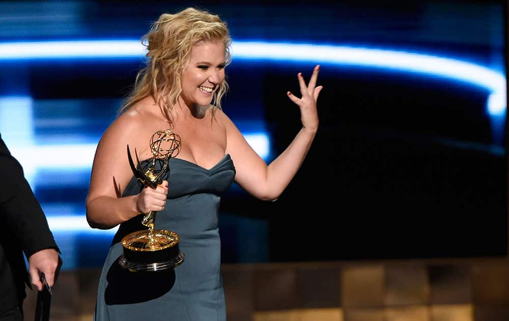 Amy Schumer accepts the award for outstanding variety sketch series for “Inside Amy Schumer” at the 67th Primetime Emmy Awards.