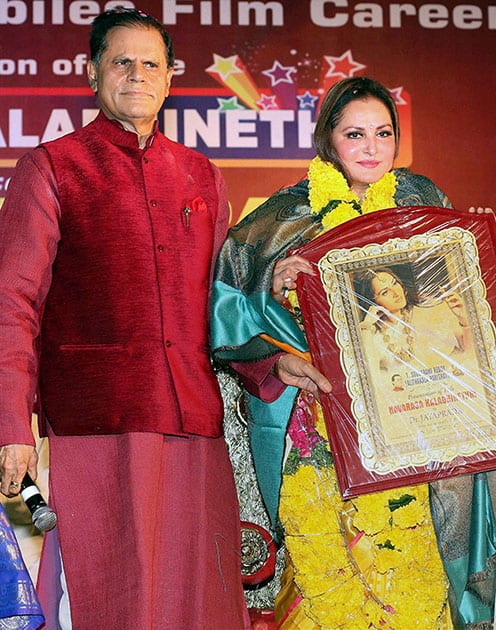 Jaya Prada being felicitated by T Subbarami Reddy of Lalithakala Parishath at Visakhapatnm in Andhra Pradesh.