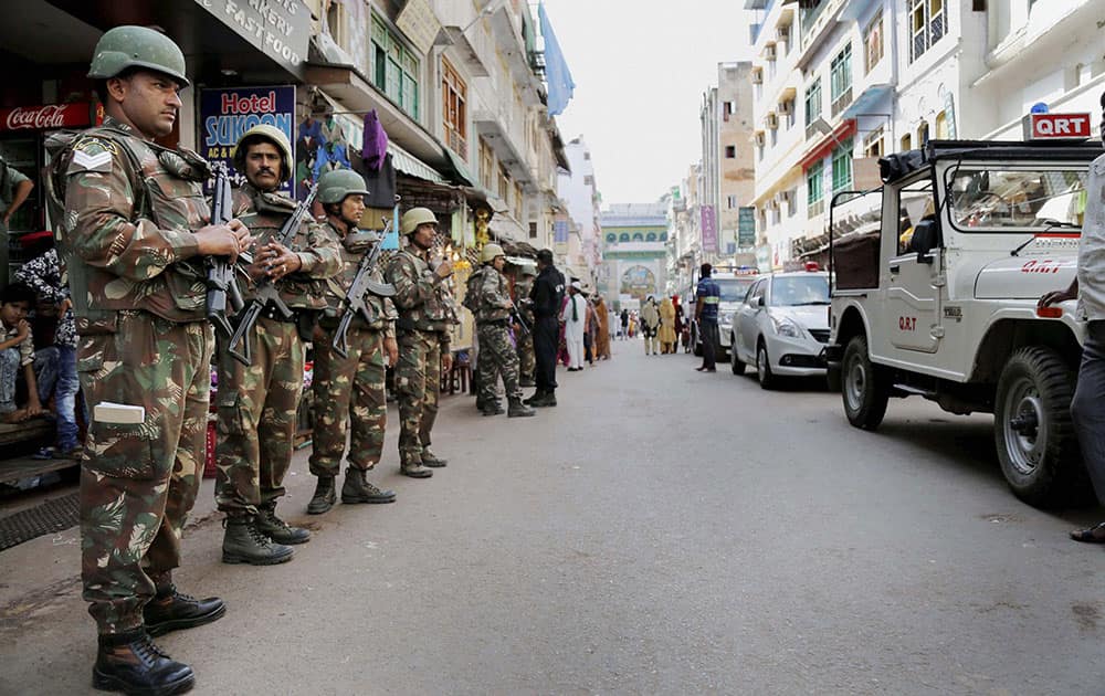 Security personnel on alert at Dargah Bazar after rumour of a bomb at the shrine of Khwaja Moinuddin Chishti in Ajmer.