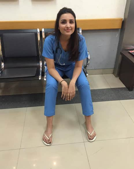 Dr. Chopra exhausted after a long surgery ;) haha. very important shoot coming soooooooon!! #DoctorForADay - Instagram@parineetichopra