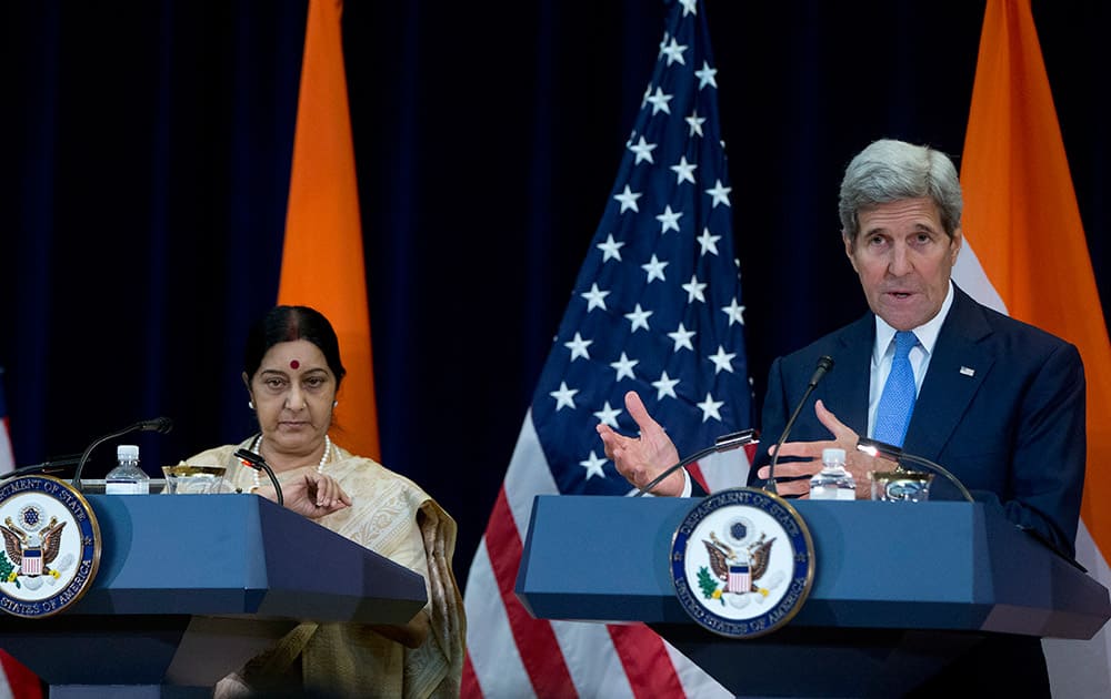 Secretary of State John Kerry, joined by India's External Affairs Minister Sushma Swaraj, speaks to media at the State Department in Washington.