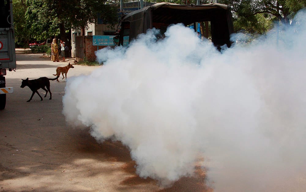 Fumigation is carried out to repel mosquitoes in the view of spread of Dengue fever in Gurgaon.