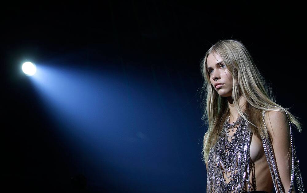 A model wears a creation for Philipp Plein women's Spring-Summer 2016 collection, part of the Milan Fashion Week, unveiled in Milan, Italy.