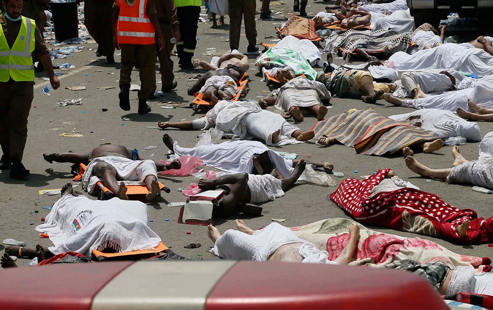 Bodies of people who died in a crush in Mina, Saudi Arabia during the annual hajj pilgrimage, are seen. Hundreds were killed and injured, Saudi authorities said.