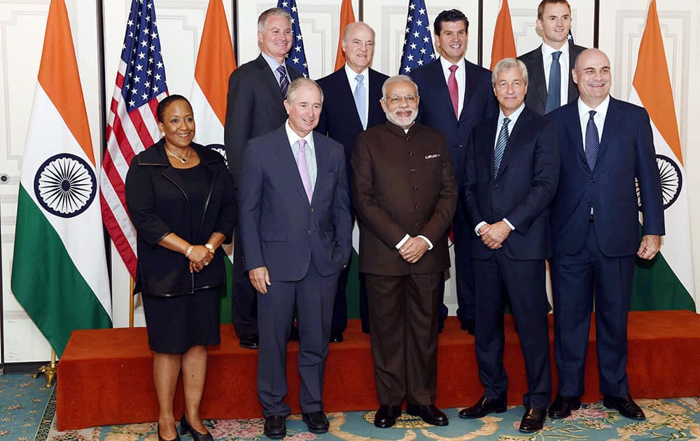 Prime Minister Narendra Modi poses before a meeting with officials of top Financial institutions in New York.