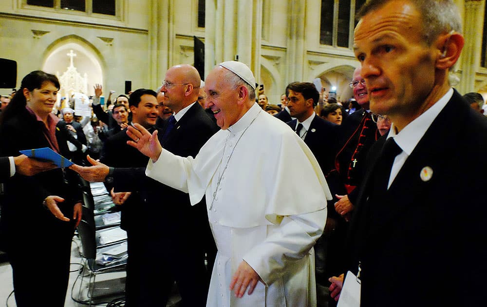 Pope Francis leaves St. Patrick's Cathedral in New york after conducting an evening prayer service. 