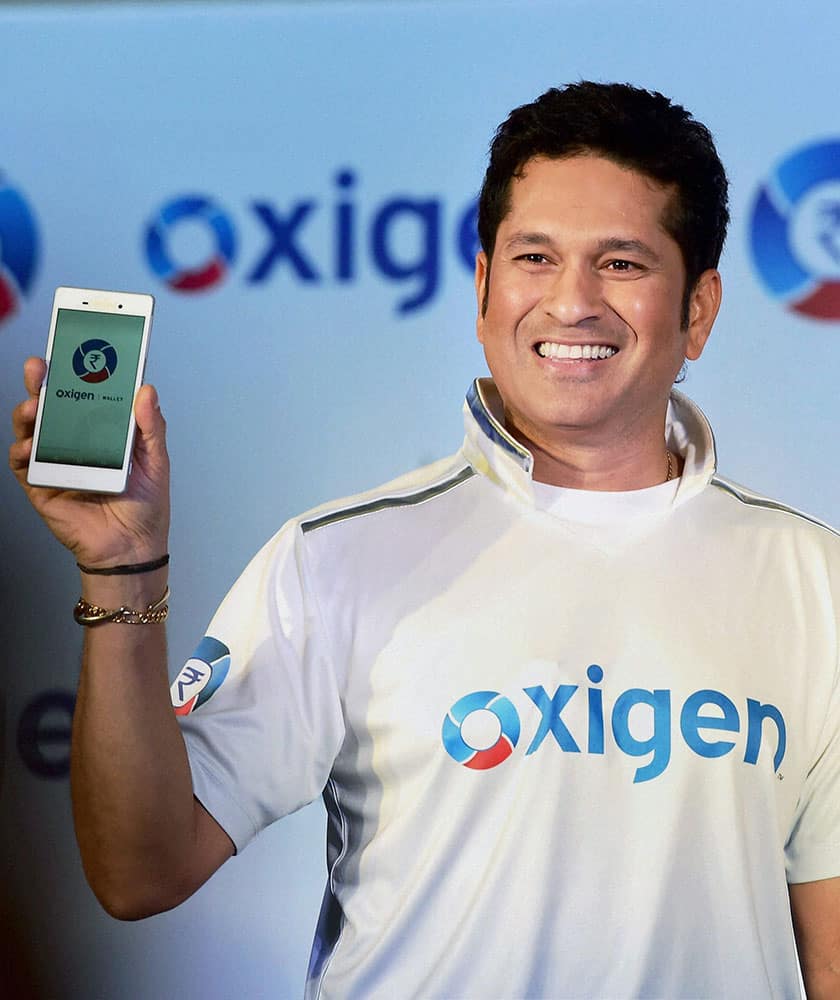 Cricket legend Sachin Tendulkar during the launch of Oxigen mobile payment app in Mumbai.