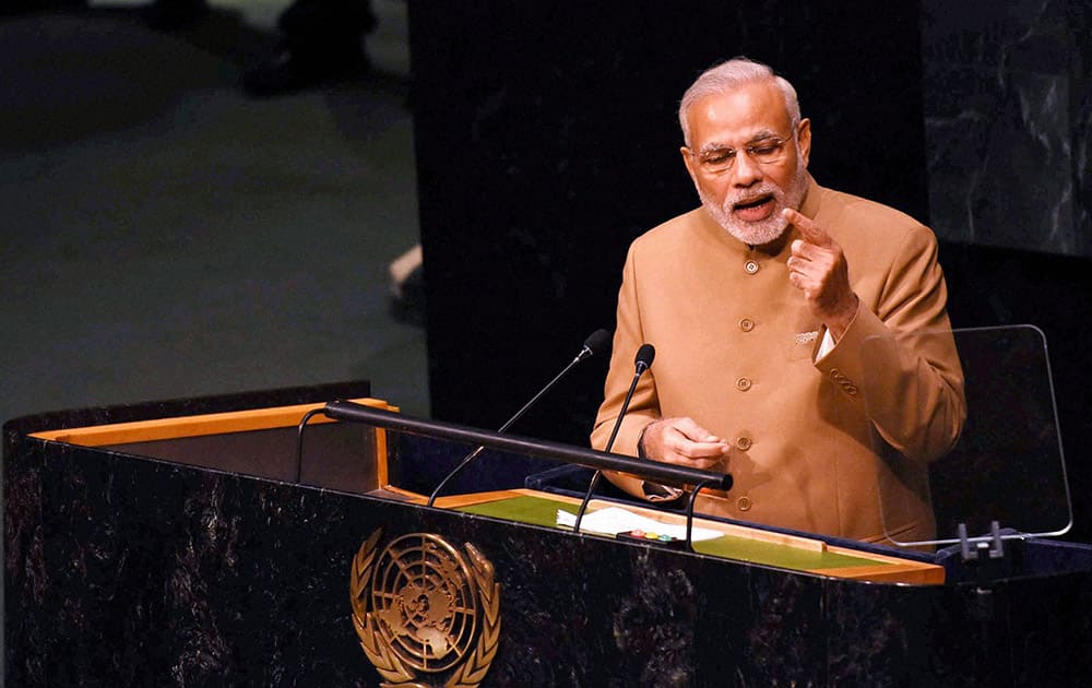 Prime Minister Narendra Modi addresses the 70th session of the United Nations General Assembly at UN headquarters in New York.