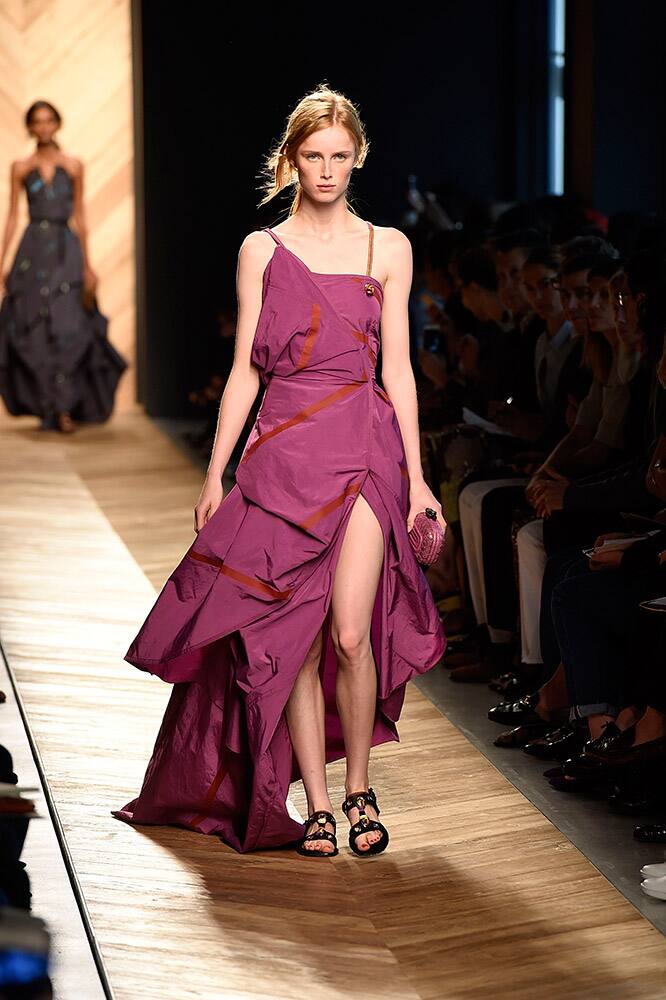 A model wears a creation for Bottega Veneta women's spring-summer 2016 collection, part of the Milan Fashion Week, unveiled in Milan.