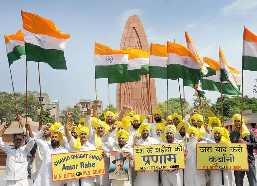 All India Anti Terrorist Front, raising patriotic slogans and paying tributes to Shaheed Bhagat Singh on his 108th birth anniversary at Jallianwala Bagh in Amritsar.