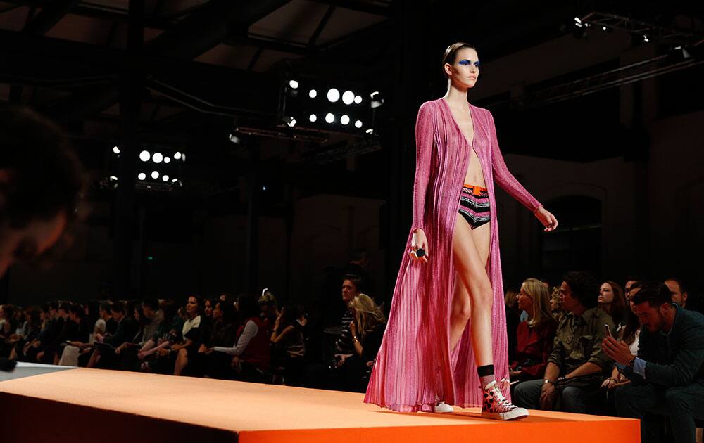 A model wears a creation for Missoni women's Spring-Summer 2016 collection, part of the Milan Fashion Week.