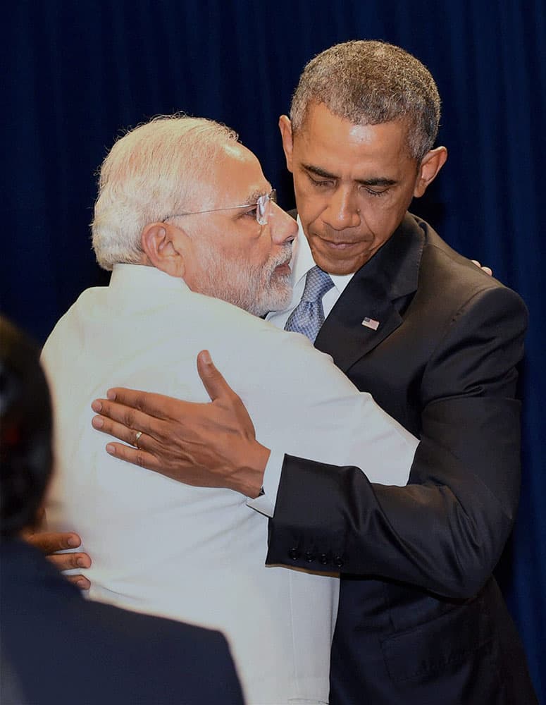 Prime Minister Narendra Modi hugs US President Barack Obama in New York.