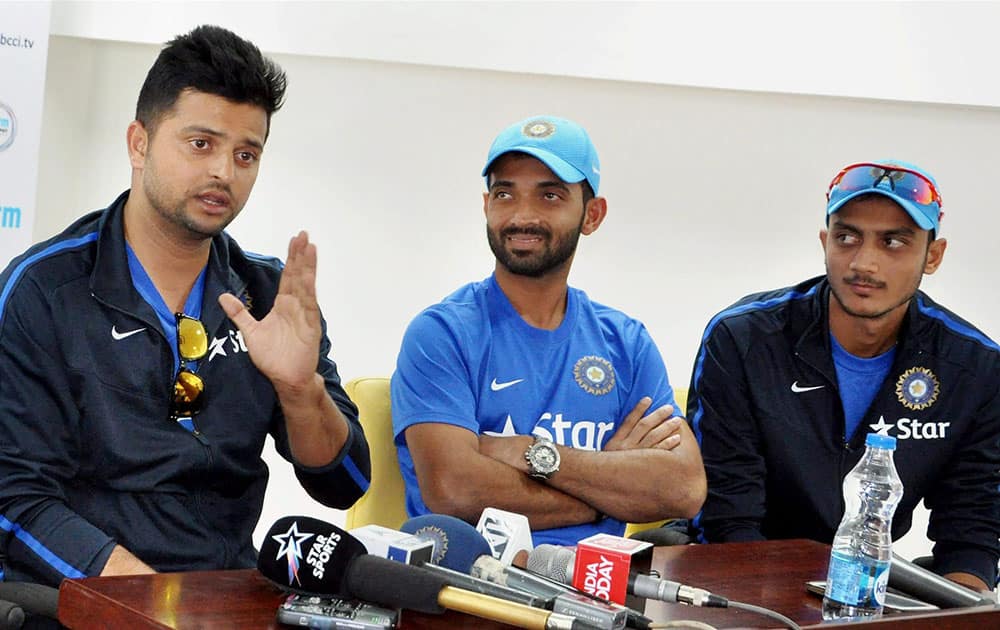 Suresh Raina, Ajinkya Rahane and Akshar Patel interact with media at Himachal Pradesh Cricket Stadium in Dharamsala.