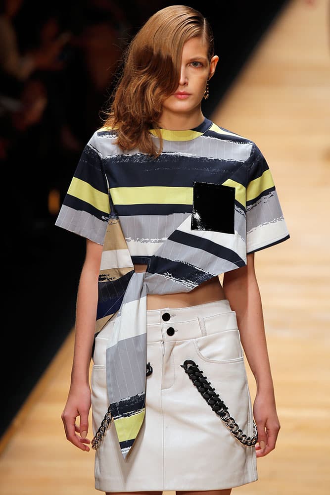 A model wears a creation for Guy Laroche by U.S. designer Adam Andrascik as part of his Spring-Summer 2016 ready-to-wear fashion collection, presented during the Paris Fashion Week in Paris.