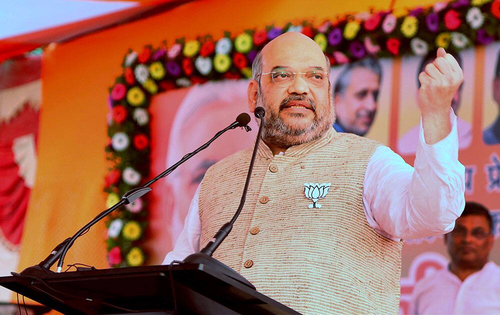 BJP National President, Amit Shah addressing Karyakarta Sammelan at Harsh Garden at Singhol in Begusarai, Bihar.