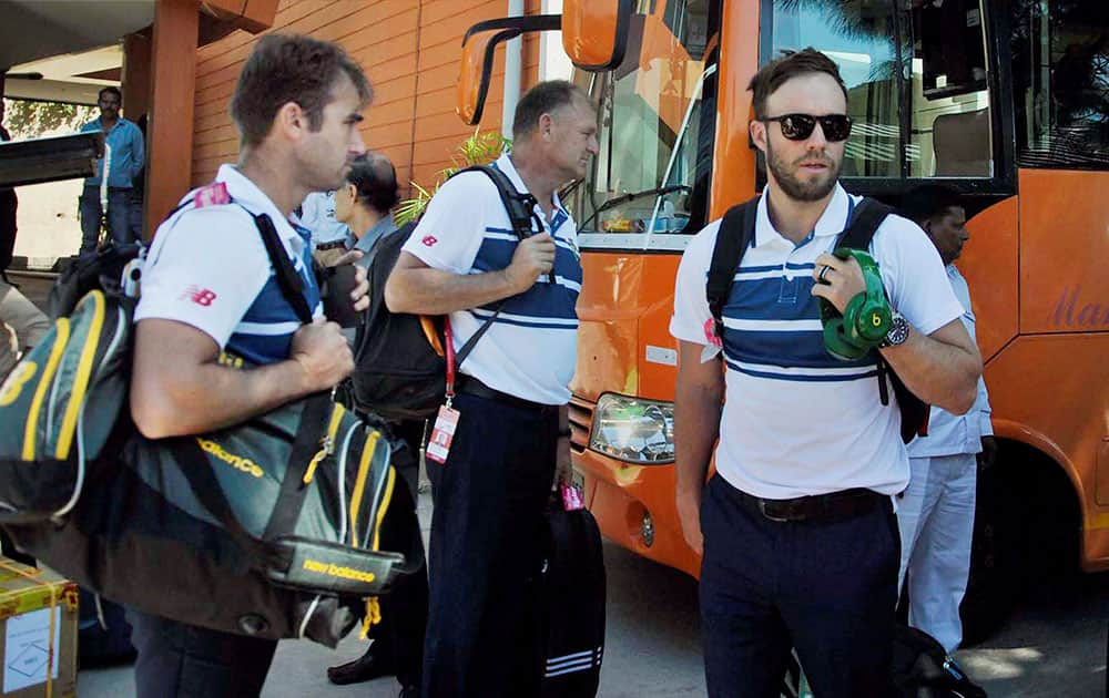 South African cricket team arrives at the HPCA hotel pavilion, ahead of the The Mahatma Gandhi-Nelson Mandela series, between India and South Africa in Dharamsala.