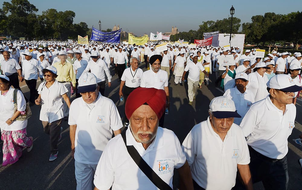 Senior citizens during HelpAge Indias annual Walkthon as a part of International Day of Older Persons at India Gate.