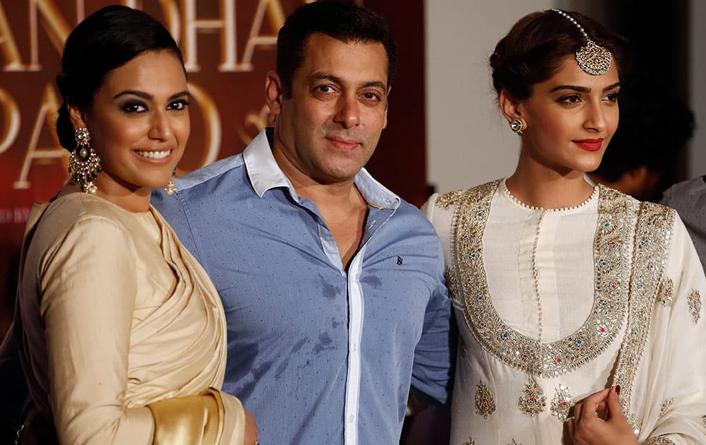 Swara Bhaskar, Salman Khan and Sonam Kapoor pose for photographs during the trailer launch of their upcoming film 'Prem Ratan Dhan Payo' in Mumbai. The film is scheduled for release on Nov. 12. 