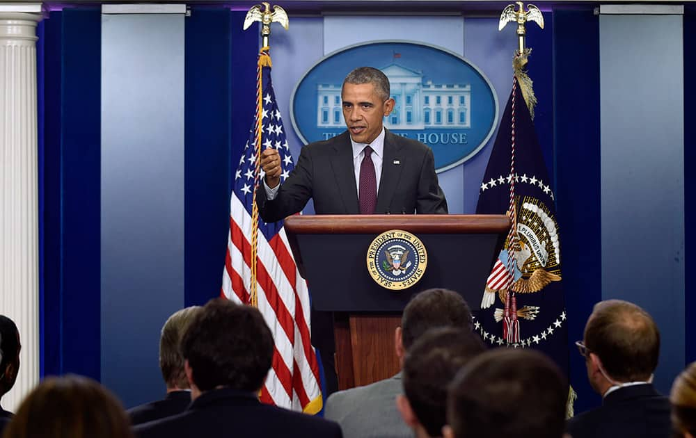 President Barack Obama speaks in the Brady Press Briefing Room at the White House in Washington.