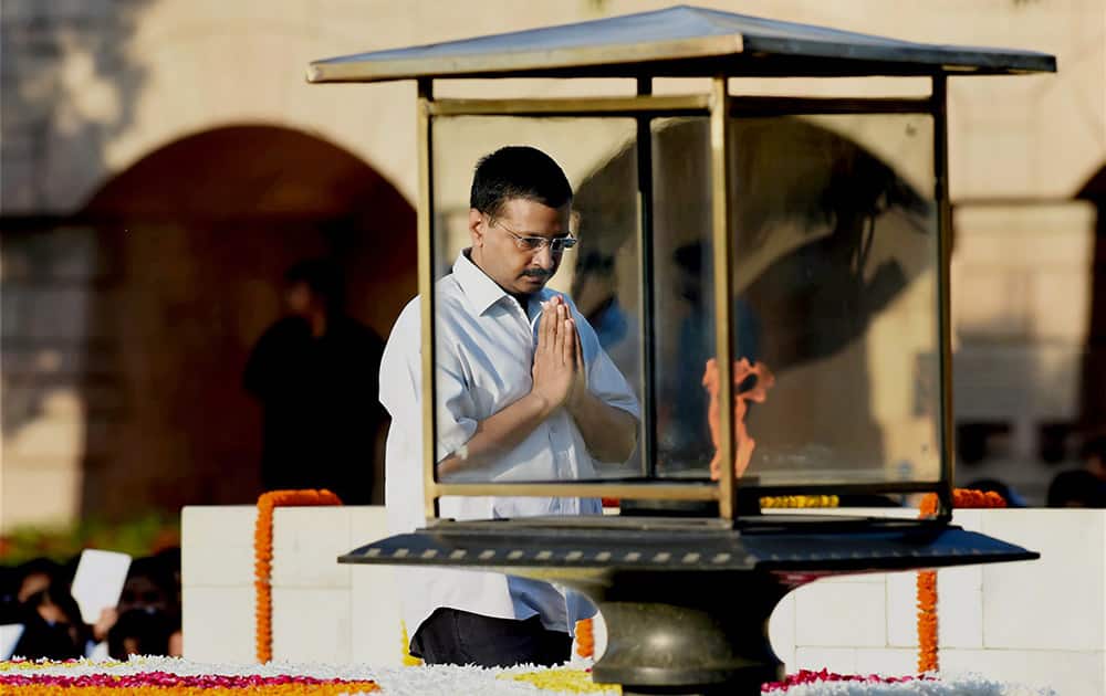 Delhi Chief Minister Arvind Kejriwal pays tributes at Rajghat, the memorial of Mahatma Gandhi on the occasion of his birth anniversary.