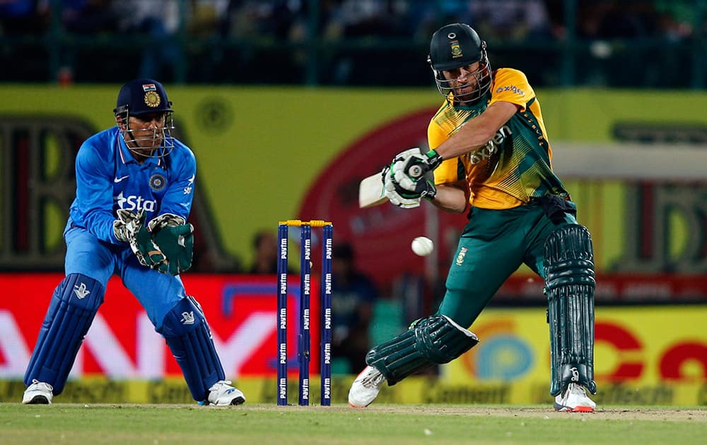 South Africa's AB de Villiers bats during the first Twenty20 cricket match against India in Dharmsala.