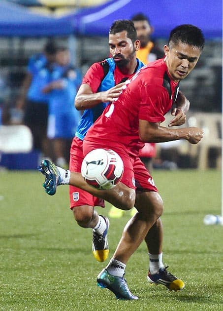 Mumbai City FC player Sunil Chetri during a practice session ahead of Hero Indian Super League in Mumbai.