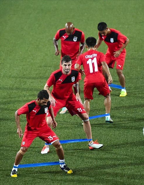 Mumbai City FC players during a practice session ahead of Hero Indian Super League in Mumbai.