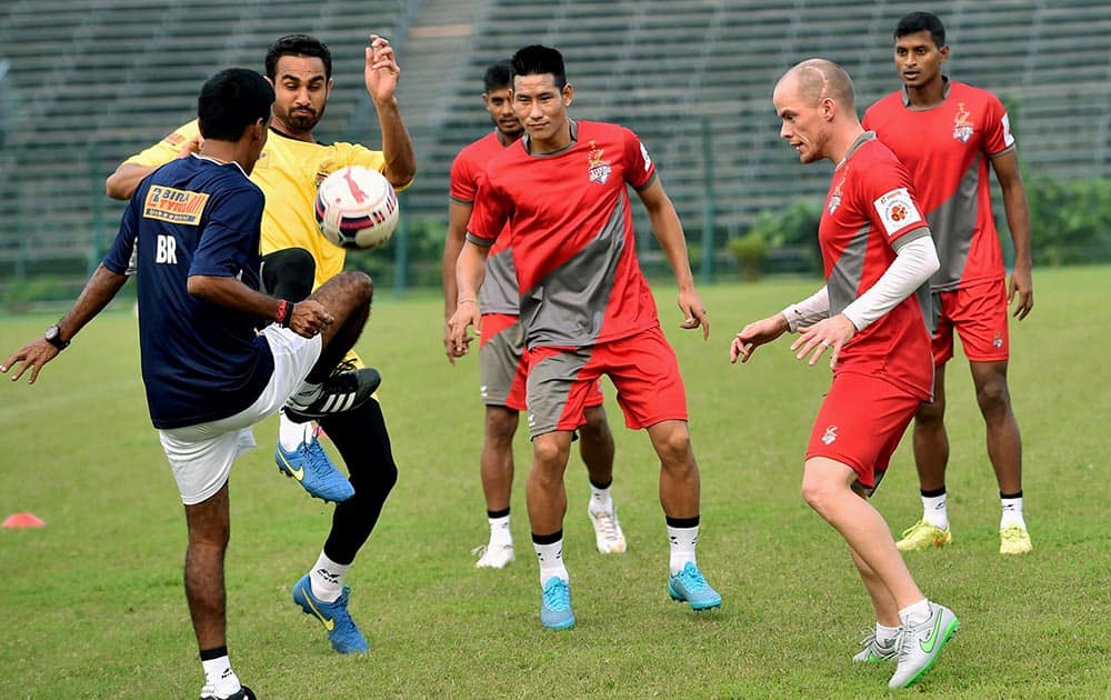 Atletico de Kolkata footballers during their training session in Kolkata on Wednesday ahead of 2nd edition ISL Tournament. 