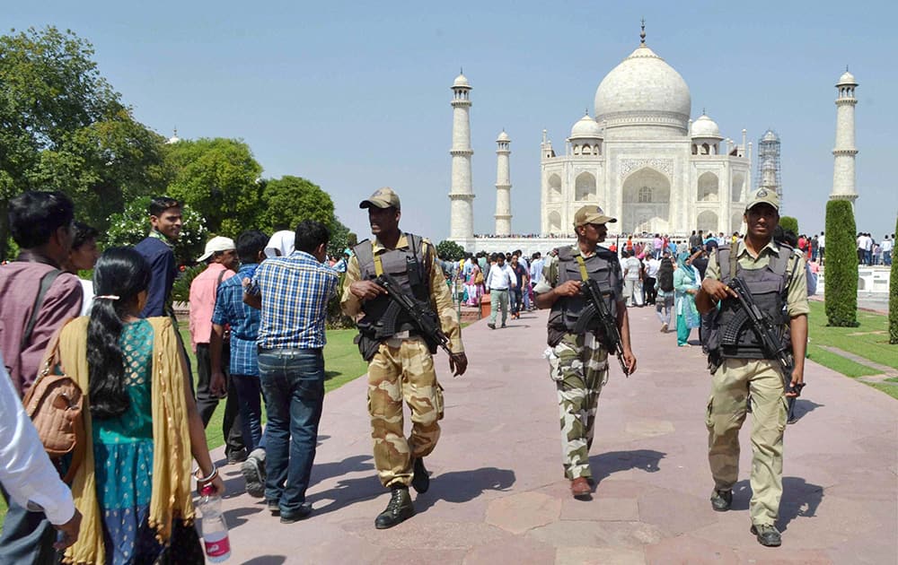 Security personnel keeping vigil at Taj Mahal in Agra on Saturday after a bomb was recovered in Farrukhabad.
