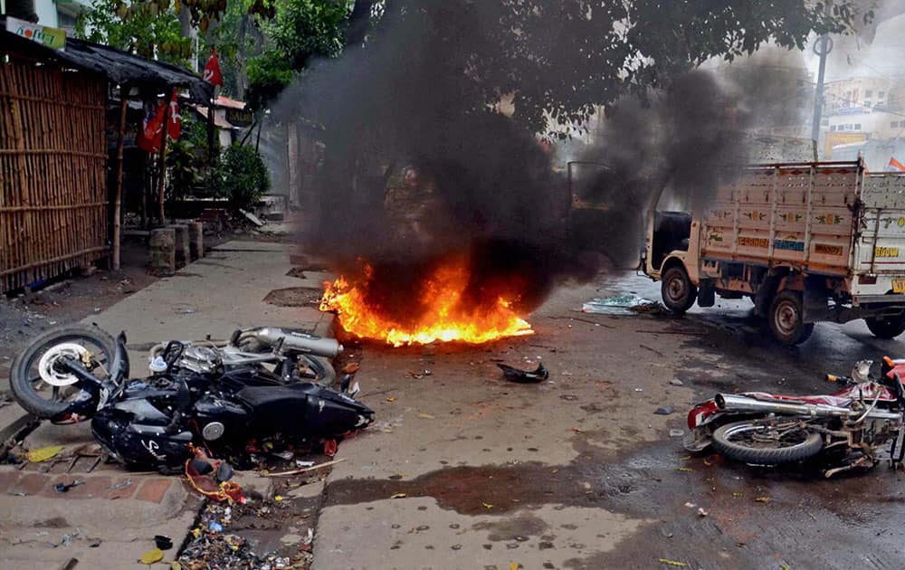 Motorcycles in flames after clashes during municipal elections at Saltlake in North 24 Pargana district of WB.