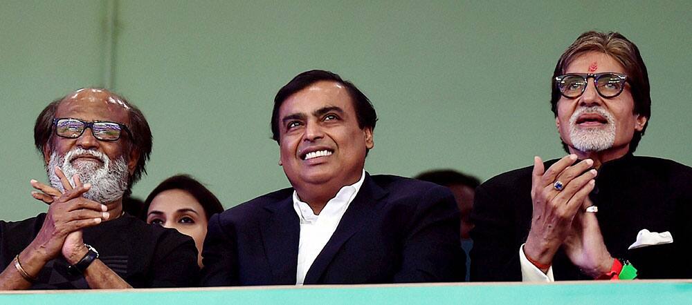 Industrialist Mukesh Ambani with mega-actors Amitabh Bachchan and Rajinikanth during the opening ceremony of ISL 2015 in Chennai.