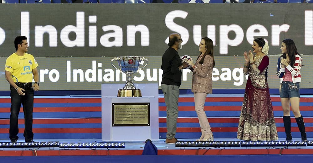 Sachin Tendulkar, Neeta Ambani, Bollyoood actor Rajinikanth, Aishwarya Rai Bachchan, and Alia Bhatt during the opening ceremony of ISL2015 in Chennai.