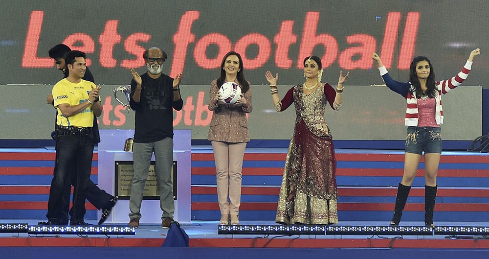 Sachin Tendulkar, Neeta Ambani, Bollyoood actor Rajinikanth, Aishwarya Rai Bachchan, and Alia Bhatt during the opening ceremony of ISL2015 in Chennai.