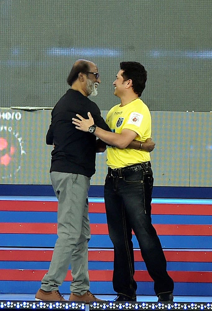 Sachin Tendulkar with actor Rajinikanth during the opening ceremony of ISL2015 in Chennai.