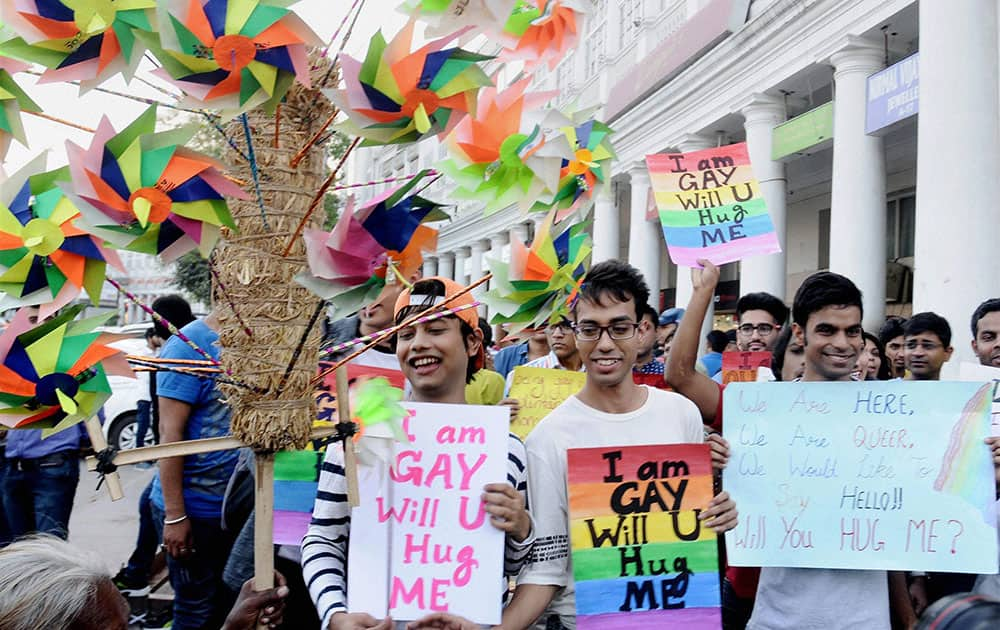 Members of the lesbian, gay, bisexual, trans-gender (LGBT) community and supporters during a Campaign March at Connaught Place in New Delhi.