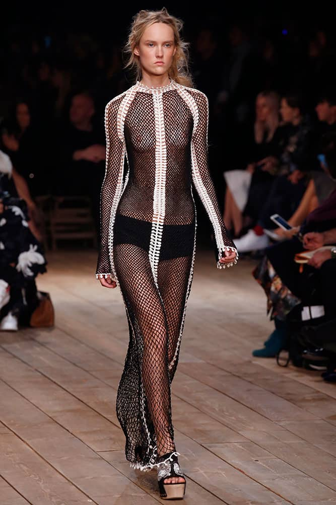 A model wears a creation as part of Alexander McQueen's Spring-Summer 2016 ready-to-wear fashion collection, presented during the Paris Fashion Week.