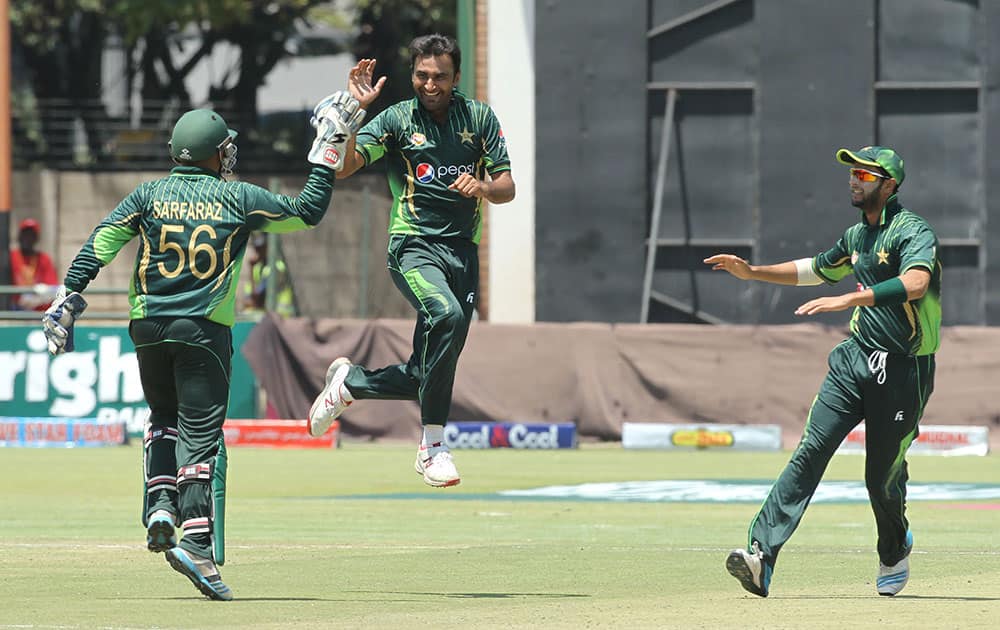 Pakistan bowler Bilal Asif celebrates the wicket of Zimbabwean batsman Brian Chari during the One Day International Cricket match between Zimbabwe and Pakistan in Harare.