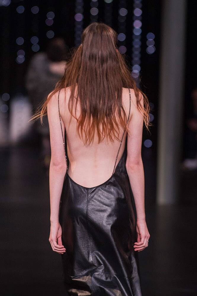 A model wears a creation as part of Saint Laurent's Spring-Summer 2016 ready-to-wear fashion collection, presented during the Paris Fashion Week.