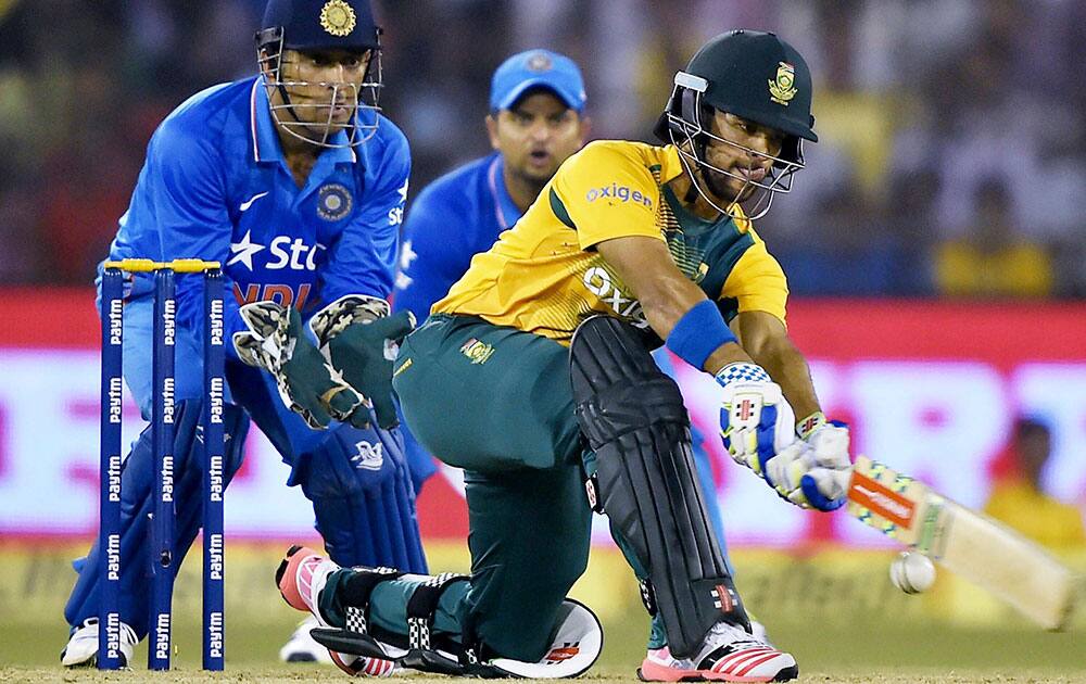 South Africa's Jean-Paul Duminy plays a shot during their second Twenty20 cricket match against India in Cuttack.