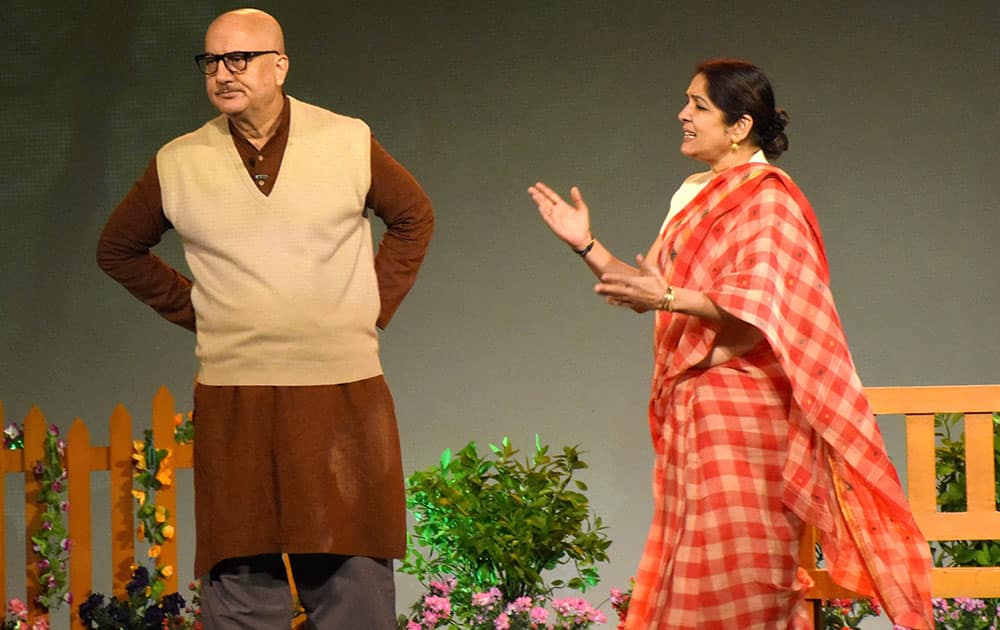 Actors Anupam Kher and Neena Gupta perform at a play Mera Woh Matlab Nahi Tha at Birla Auditorium in Jaipur.